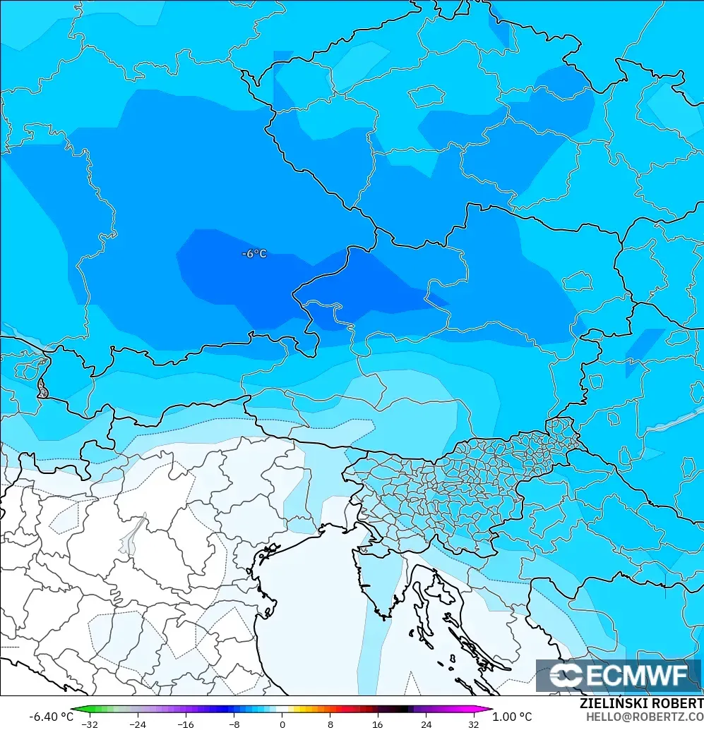 ECMWF IFS 0.25° modelo - Austria, Anomalía de temperatura a 850 hPa