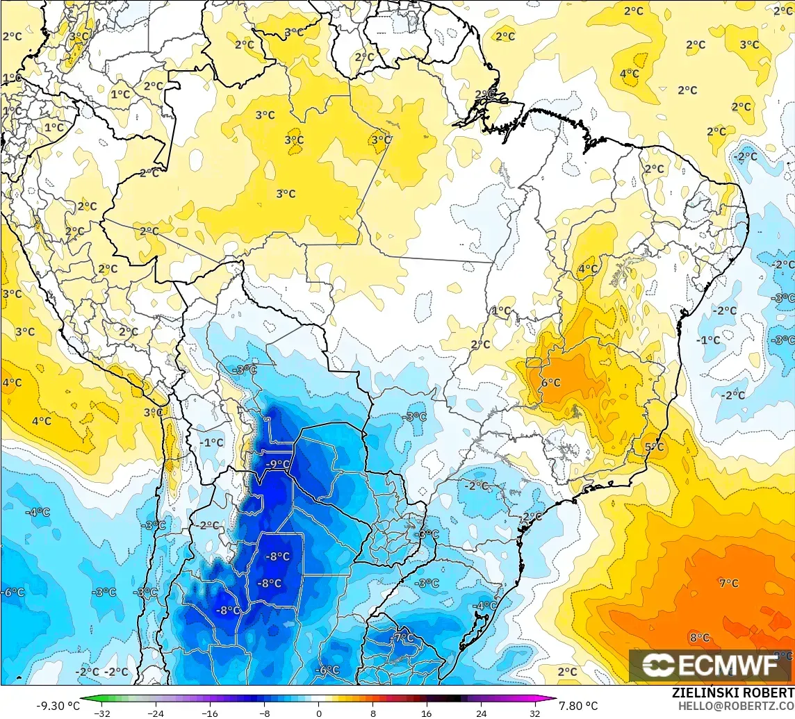 ECMWF IFS 0.25° modelo - Brasil, Anomalía de temperatura a 850 hPa