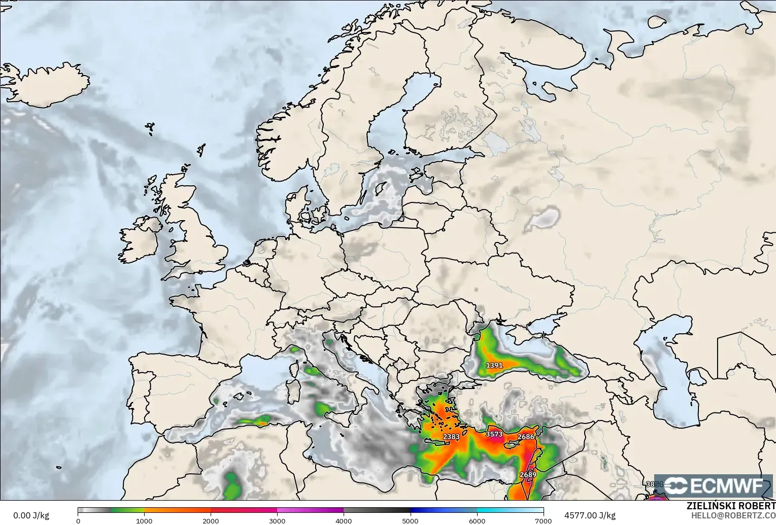 ECMWF IFS 0.25° modelo - Europa, CAPE