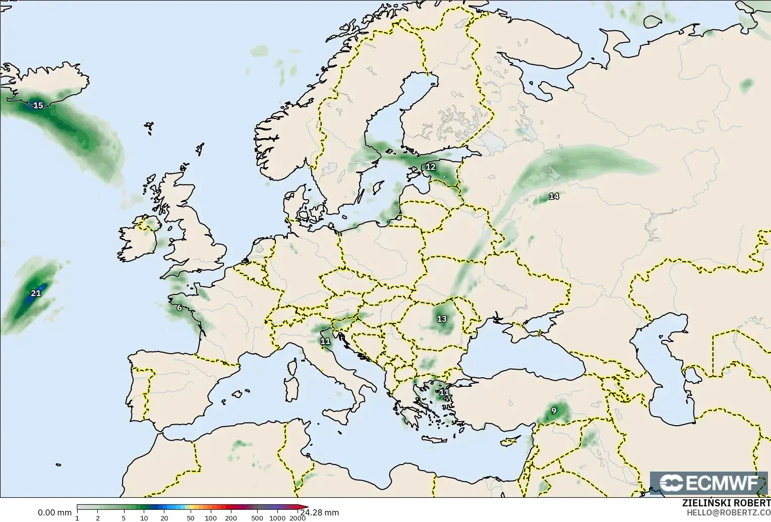 ECMWF IFS 0.25° modelo - Europa, Acumulación de precipitación