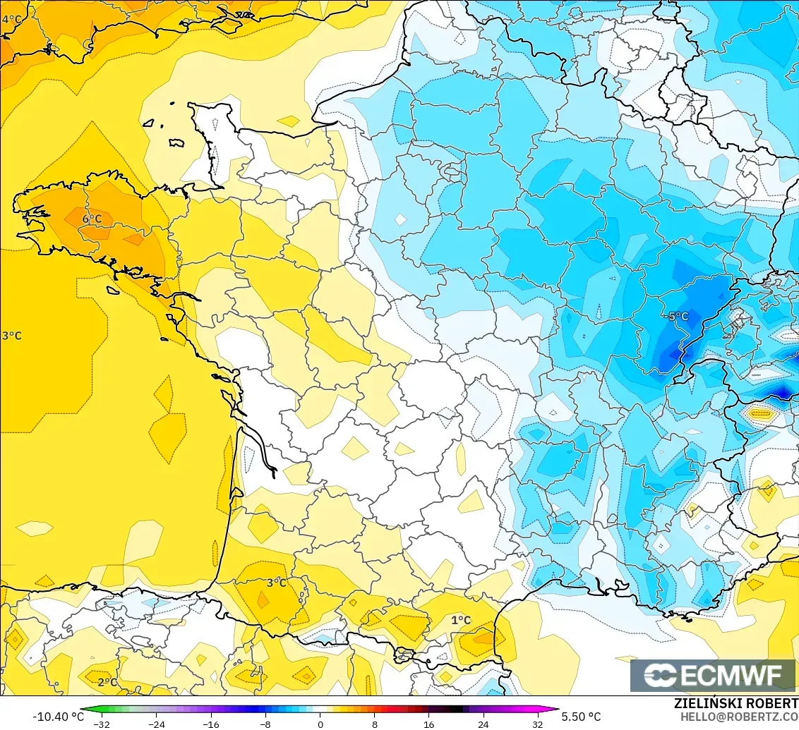 ECMWF IFS 0.25° modelo - Francia, Anomalía de temperatura a 2 m