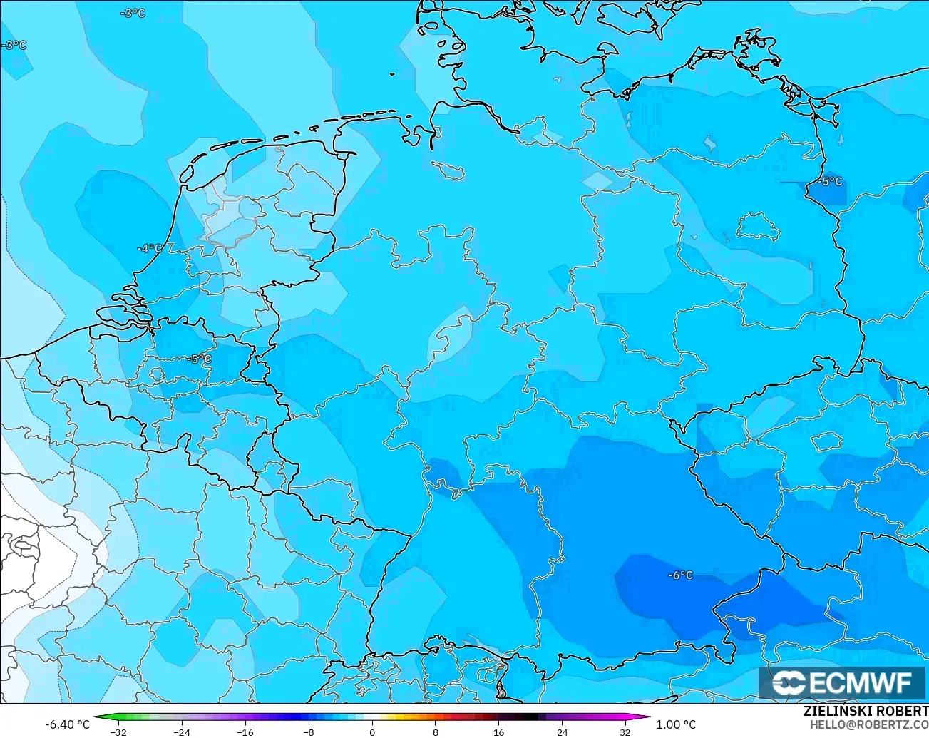 ECMWF IFS 0.25° modelo - Alemania, Anomalía de temperatura a 850 hPa
