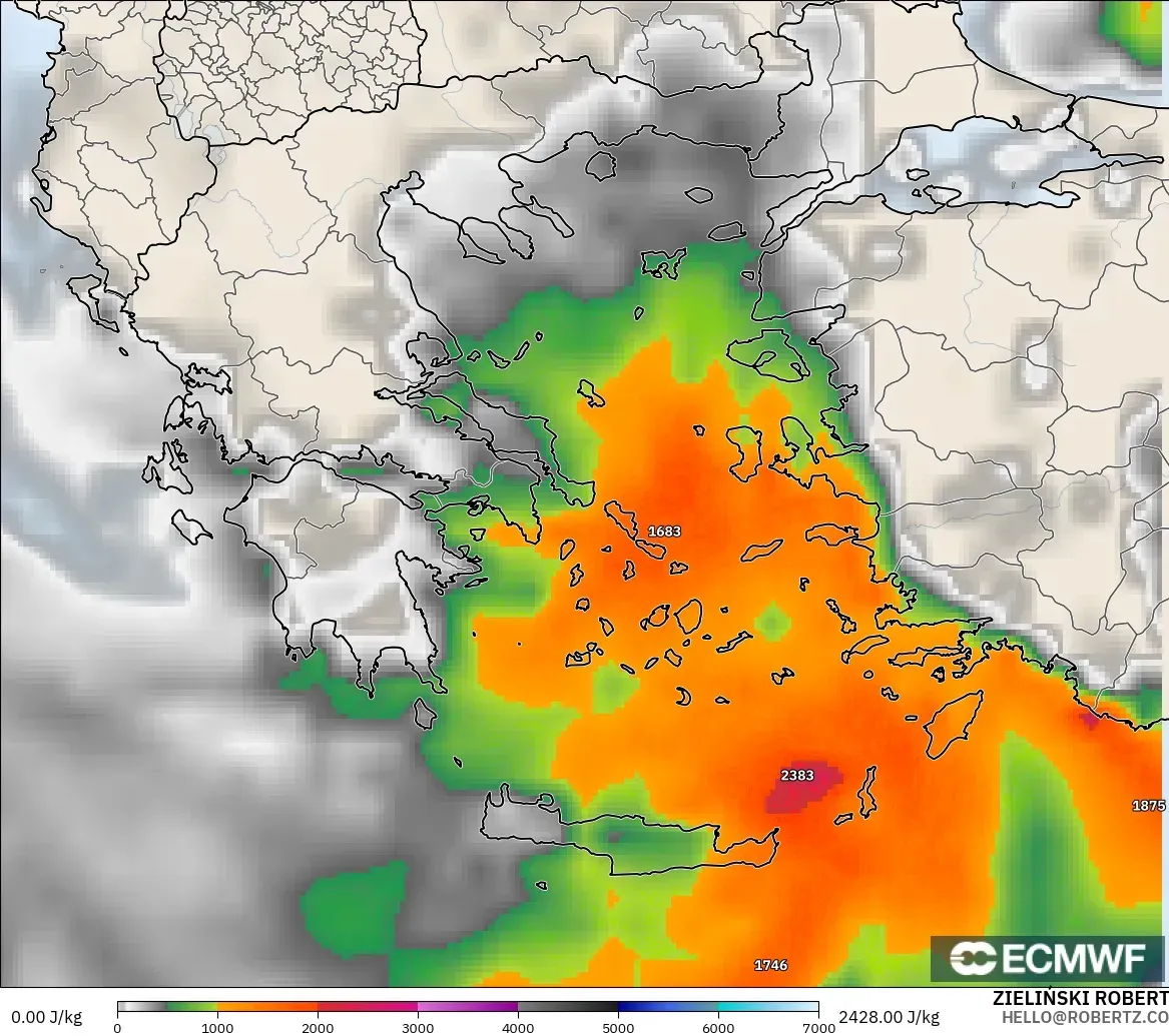 ECMWF IFS 0.25° modelo - Grecia, CAPE
