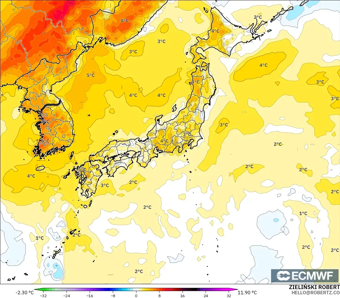 ECMWF IFS 0.25° modelo - Japón, Anomalía de temperatura a 2 m