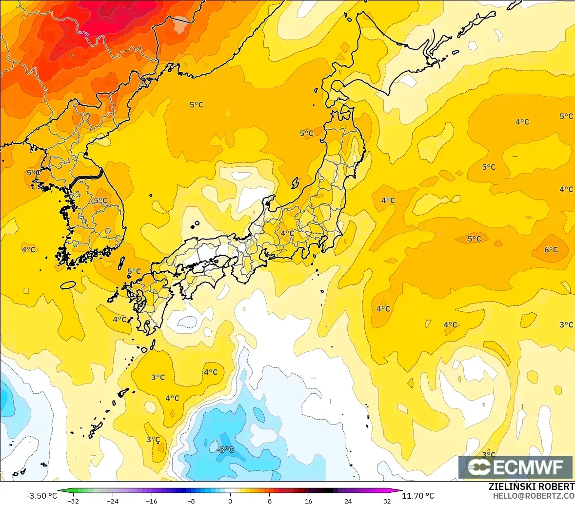 ECMWF IFS 0.25° modelo - Japón, Anomalía de temperatura a 850 hPa