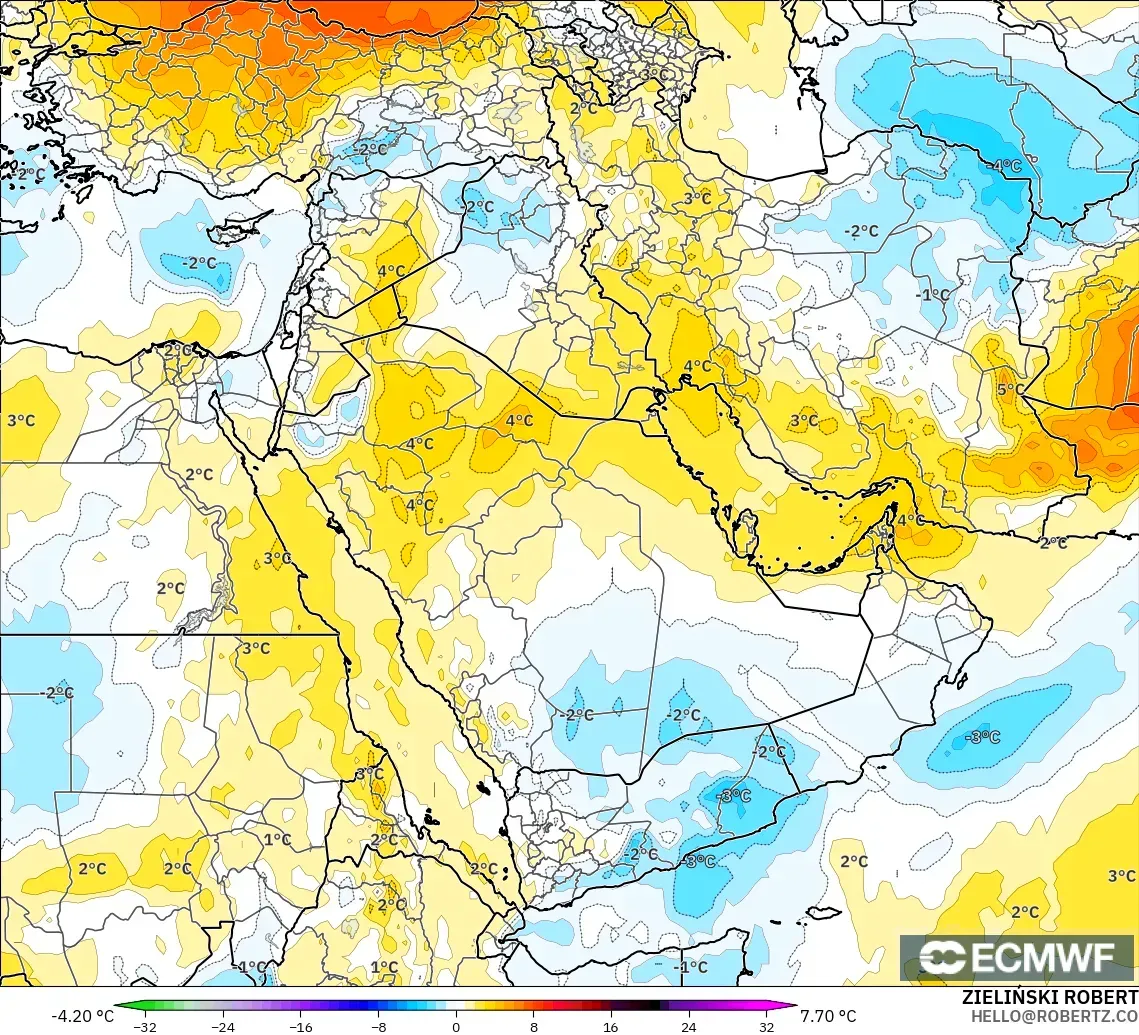 ECMWF IFS 0.25° modelo - Oriente Medio, Anomalía de temperatura a 850 hPa