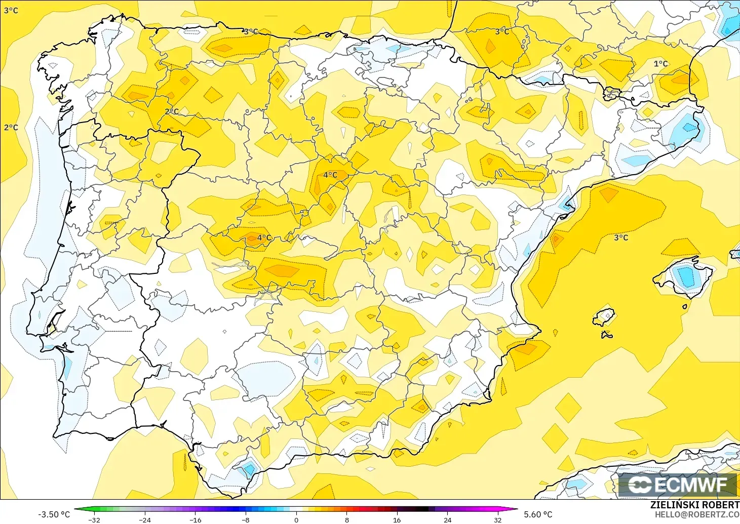 ECMWF IFS 0.25° modelo - España, Anomalía de temperatura a 2 m