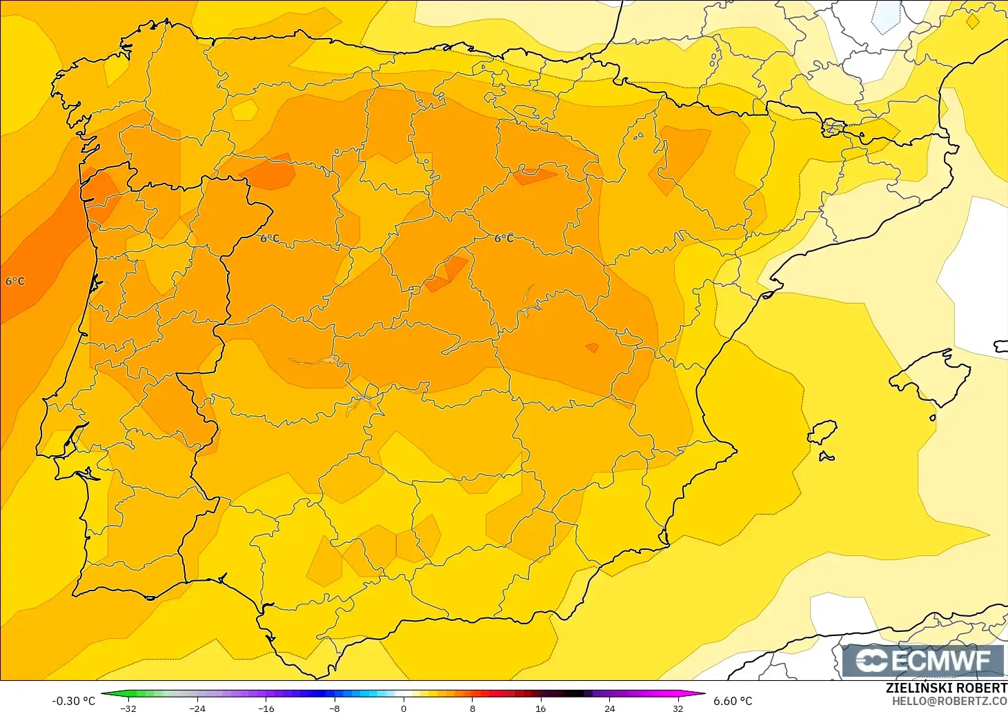 ECMWF IFS 0.25° modelo - España, Anomalía de temperatura a 850 hPa
