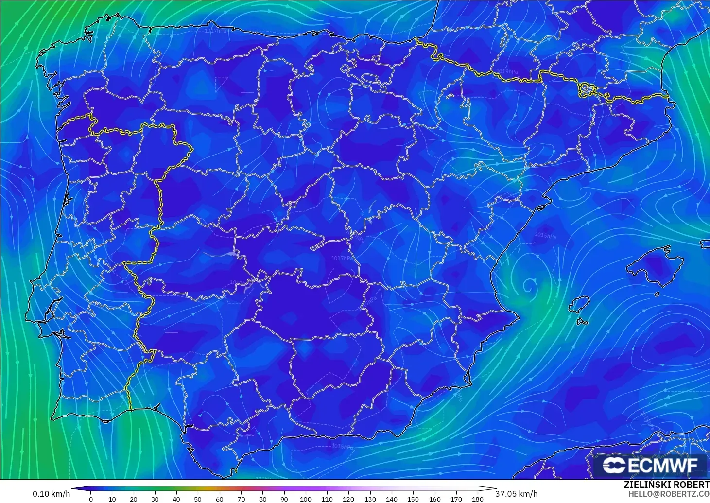 ECMWF IFS 0.25° modelo - España, Viento a 10 m