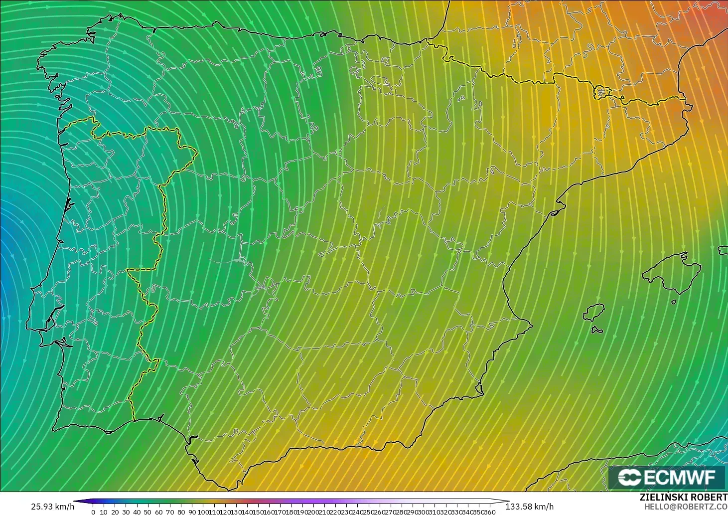 ECMWF IFS 0.25° modelo - España, Viento a 300 hPa (corriente en chorro)