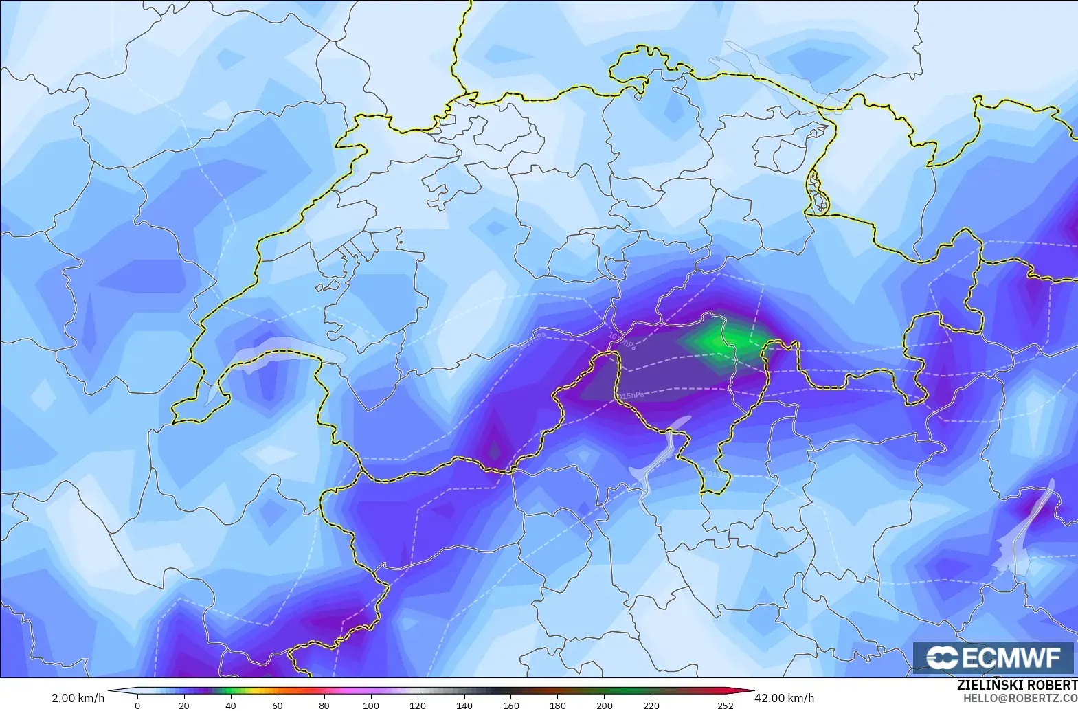ECMWF IFS 0.25° modelo - Suiza, Ráfagas de viento