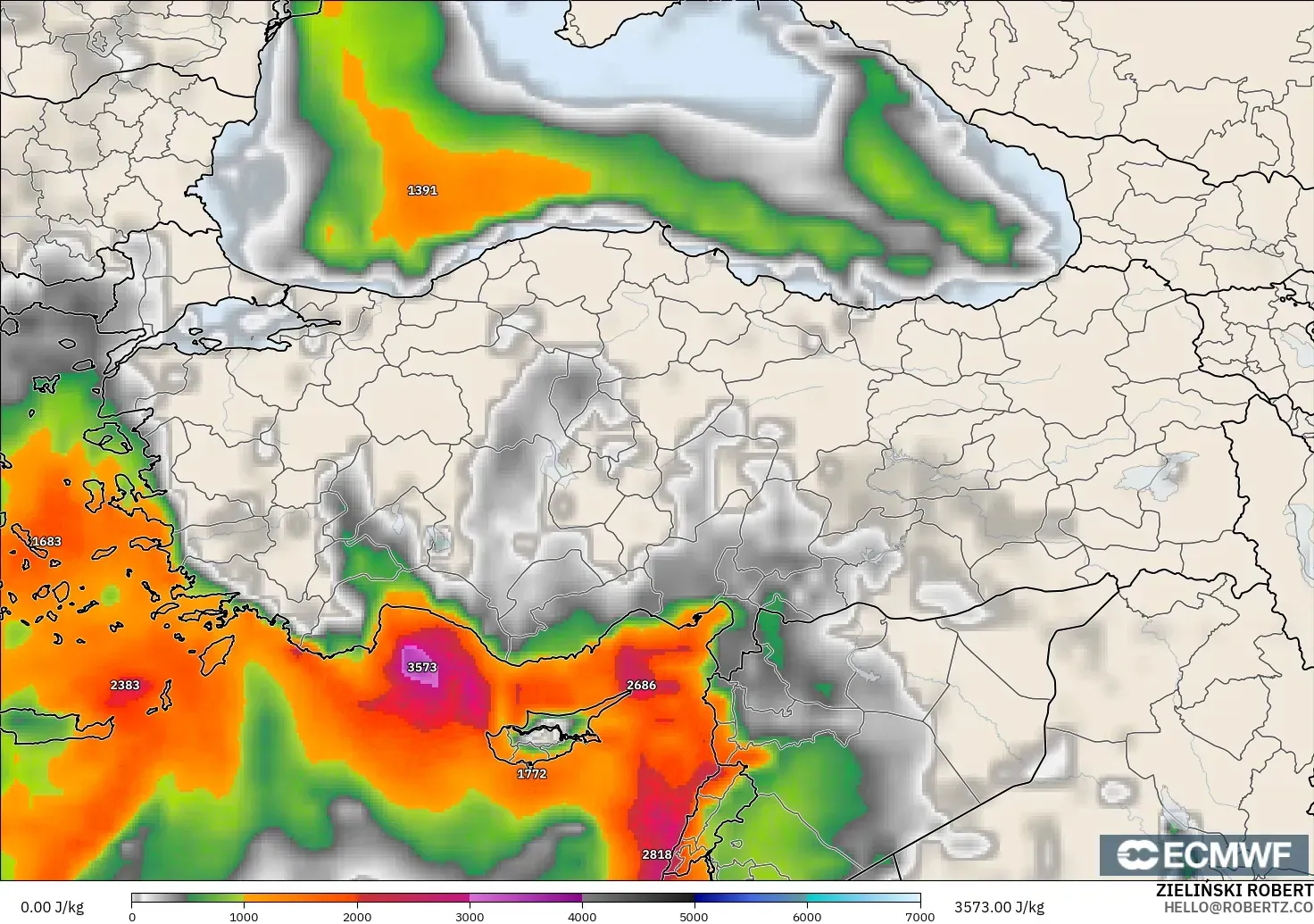 ECMWF IFS 0.25° modelo - Turquía, CAPE