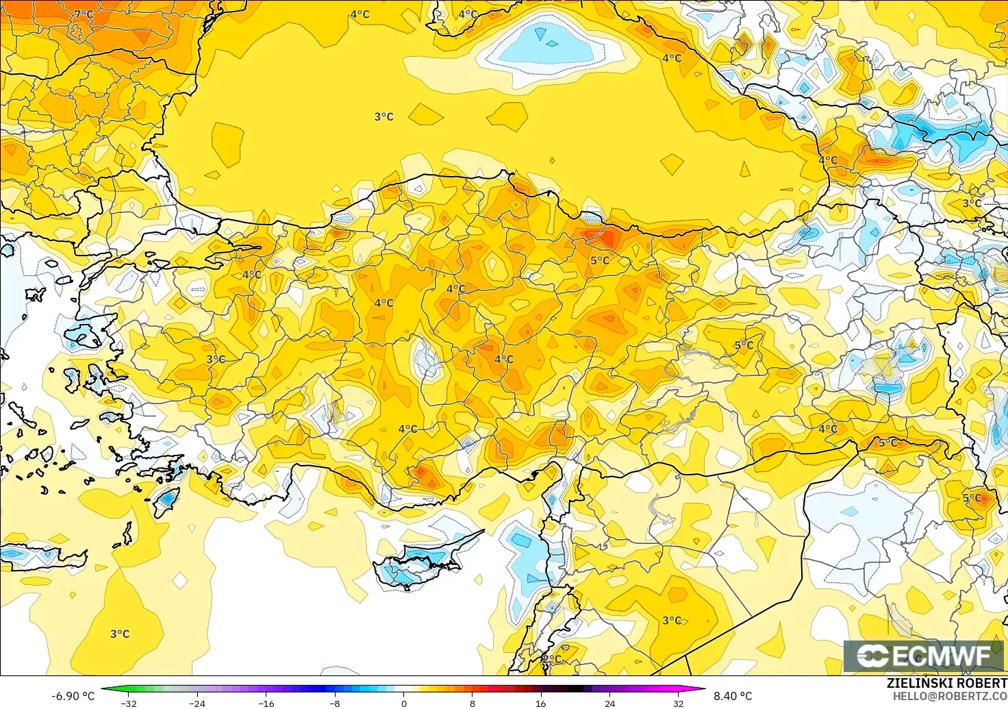 ECMWF IFS 0.25° modelo - Turquía, Anomalía de temperatura a 2 m