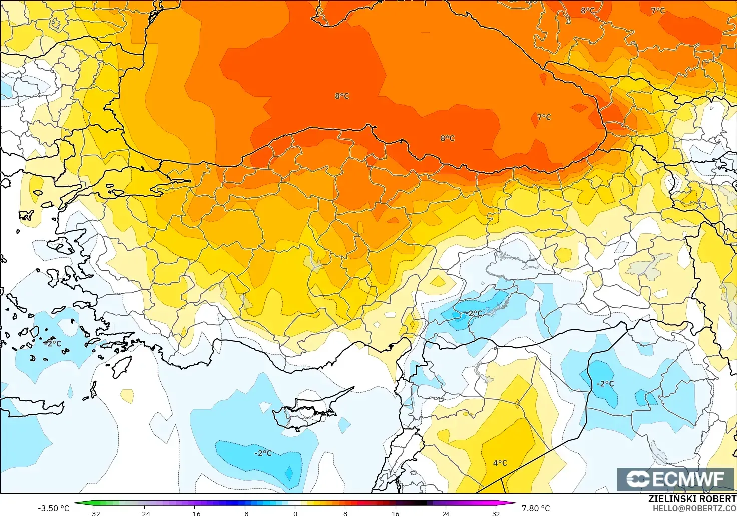 ECMWF IFS 0.25° modelo - Turquía, Anomalía de temperatura a 850 hPa
