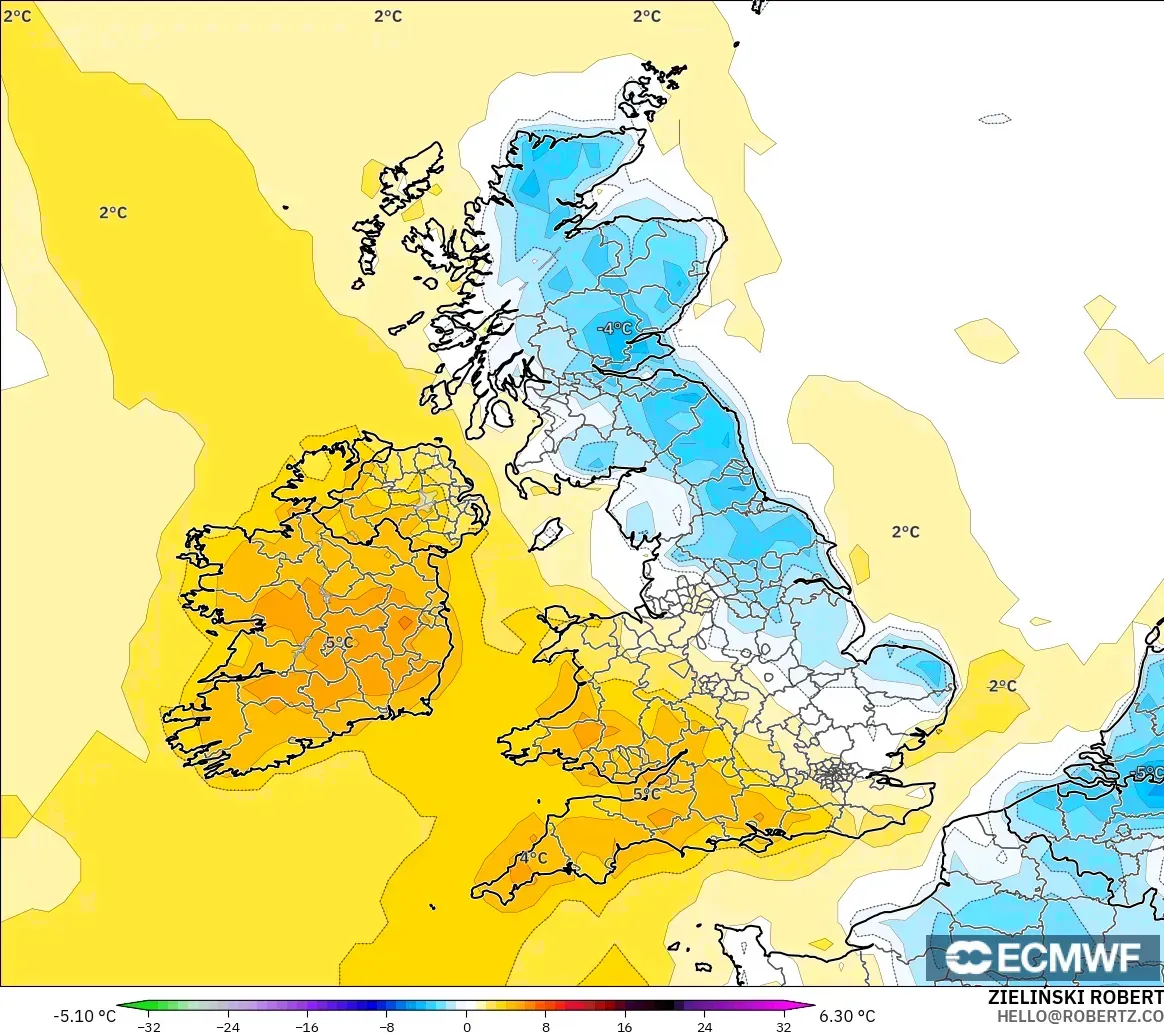 ECMWF IFS 0.25° modelo - Reino Unido, Anomalía de temperatura a 2 m
