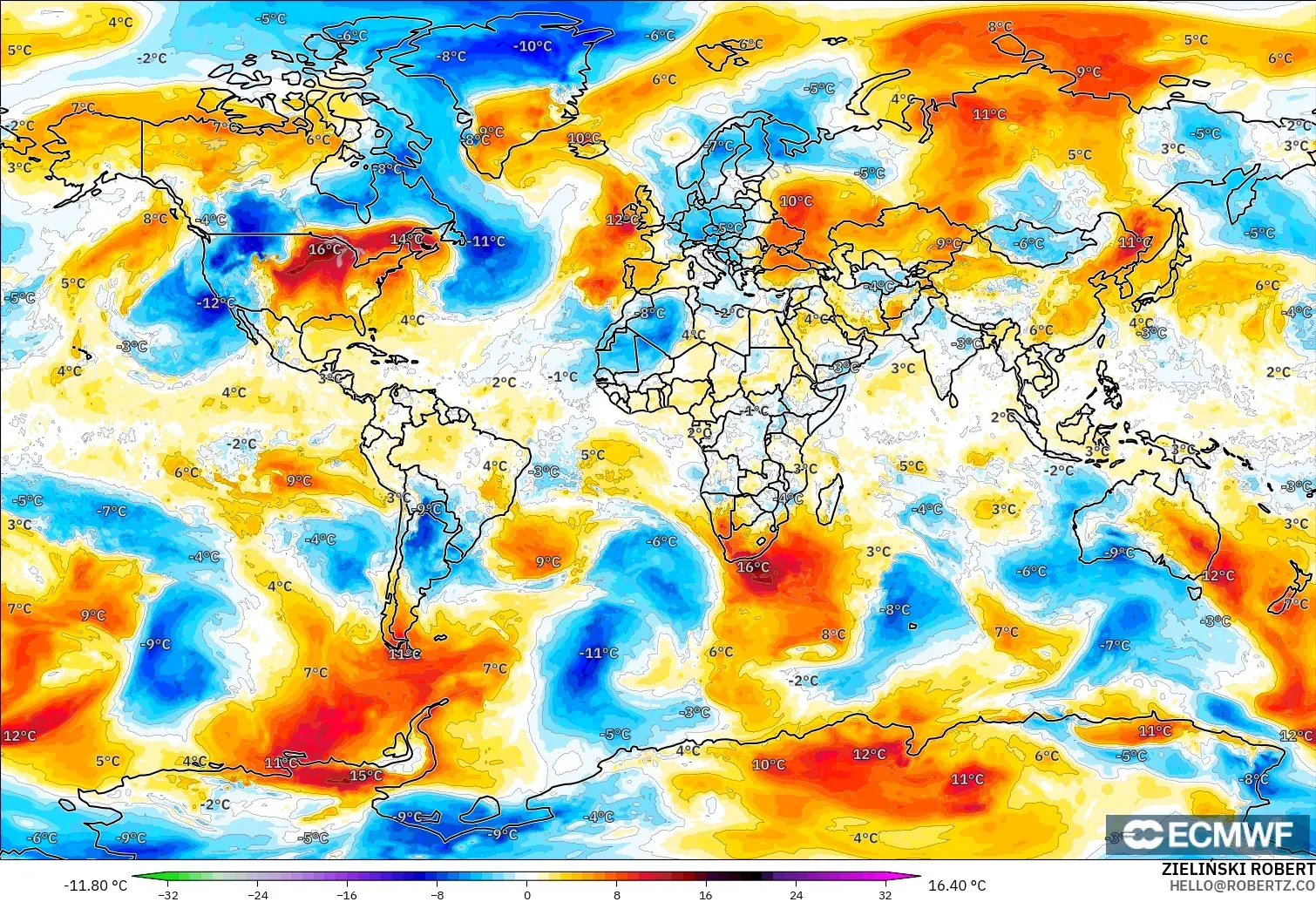 ECMWF IFS 0.25° modelo - Mundo, Anomalía de temperatura a 850 hPa