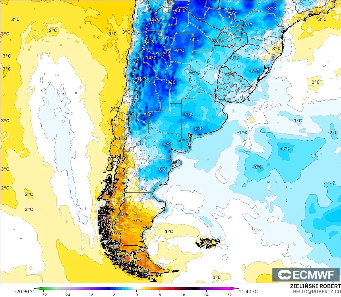 ECMWF IFS 0.25° modelo - Argentina, Anomalía de temperatura a 2 m