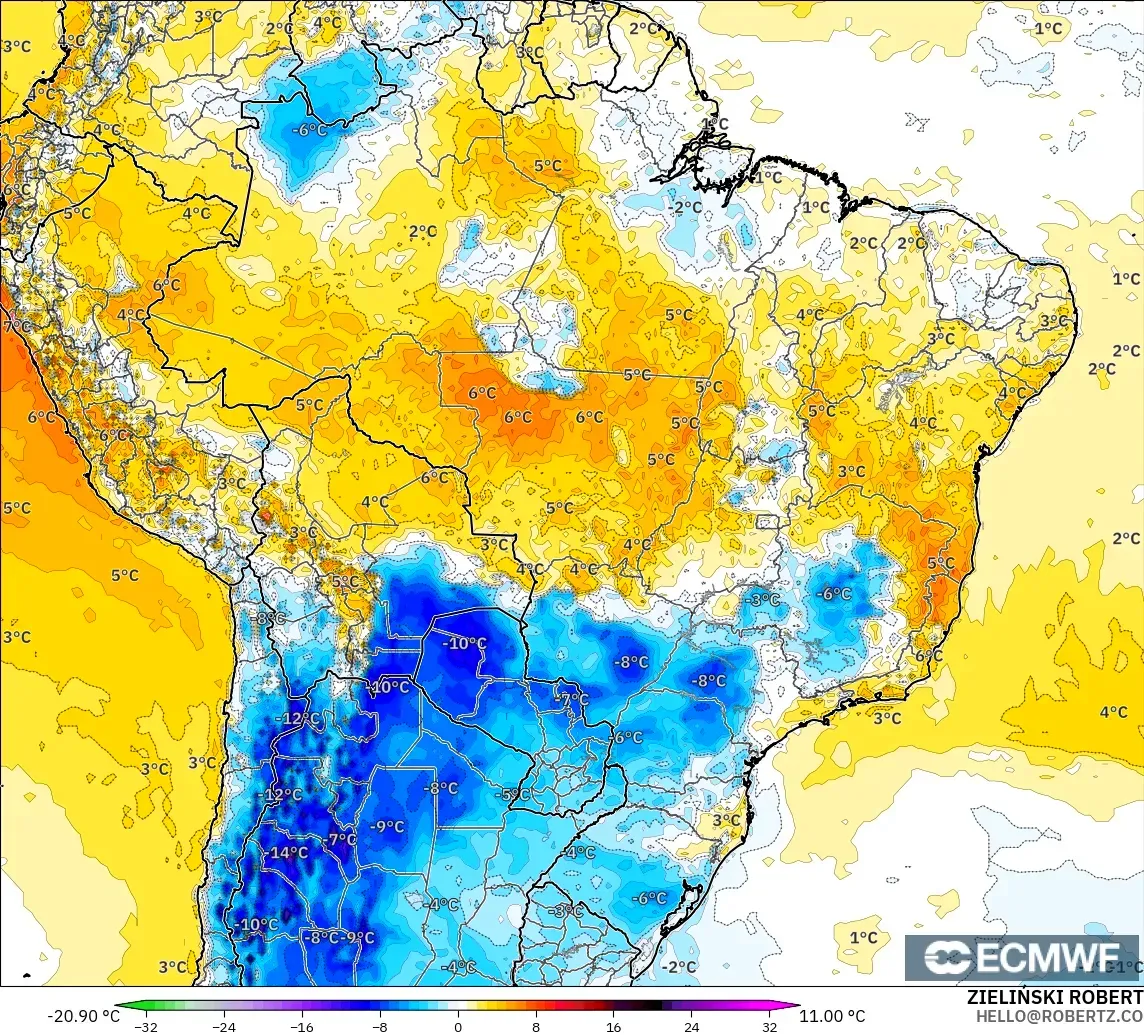 ECMWF IFS 0.25° modelo - Brasil, Anomalía de temperatura a 2 m