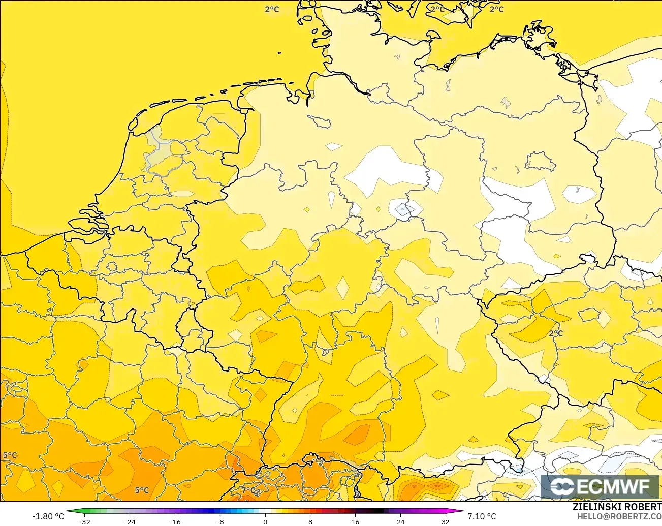ECMWF IFS 0.25° modelo - Alemania, Anomalía de temperatura a 2 m