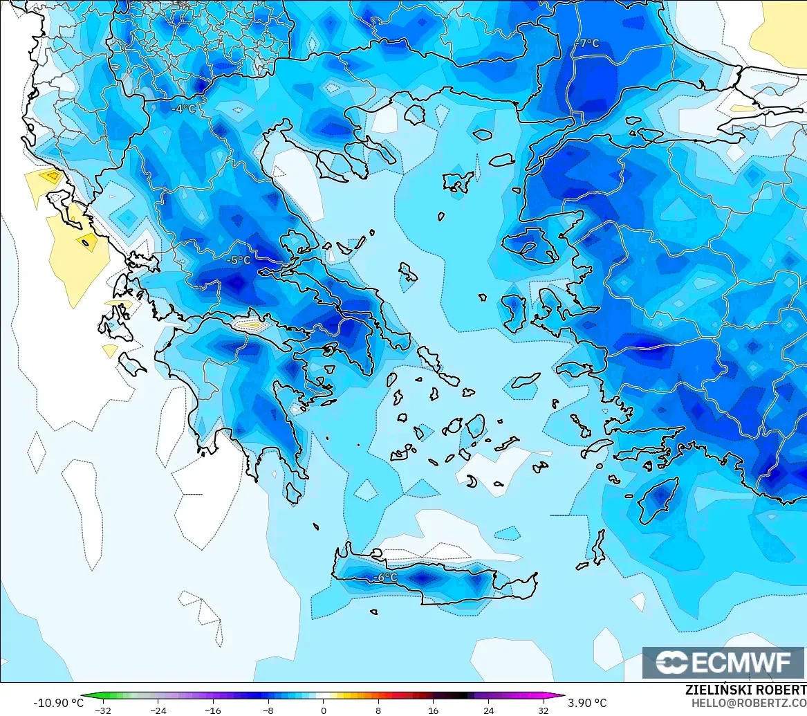 ECMWF IFS 0.25° modelo - Grecia, Anomalía de temperatura a 2 m