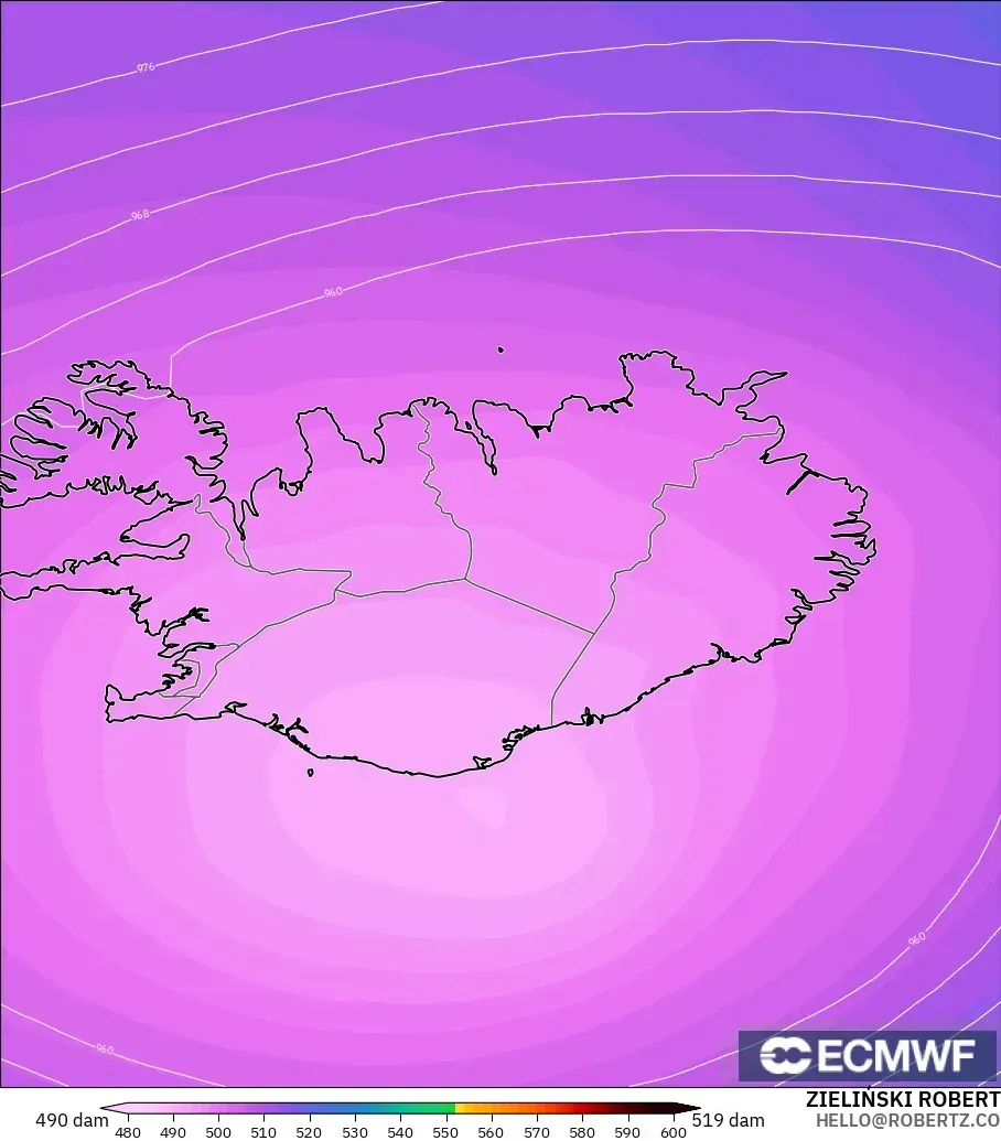 ECMWF IFS 0.25° modelo - Islandia, Altura geopotencial a 500 hPa