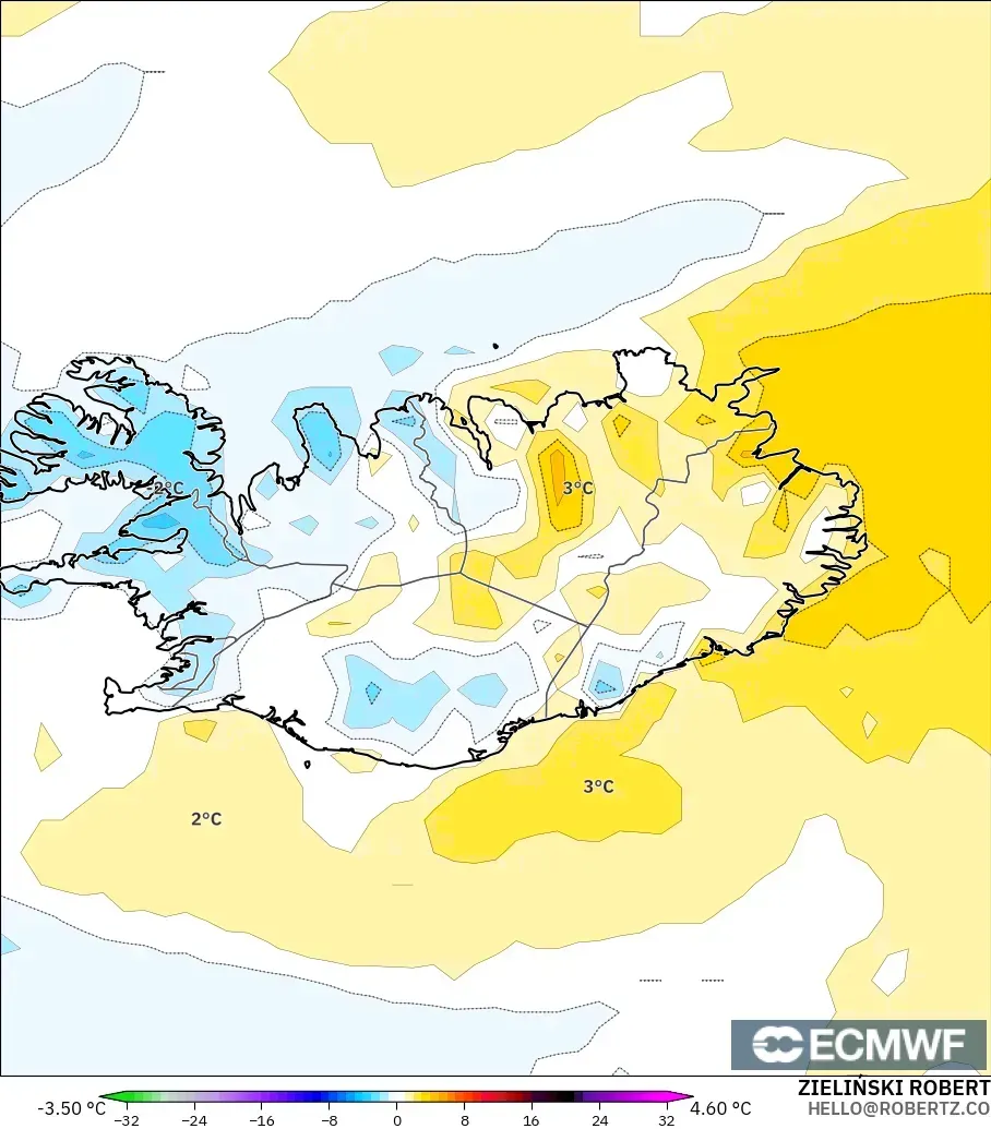 ECMWF IFS 0.25° modelo - Islandia, Anomalía de temperatura a 2 m