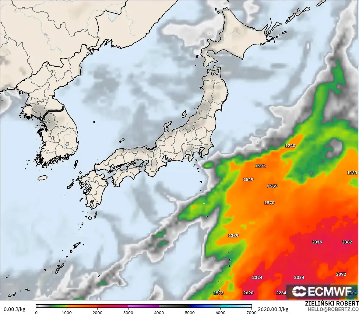 ECMWF IFS 0.25° modelo - Japón, CAPE
