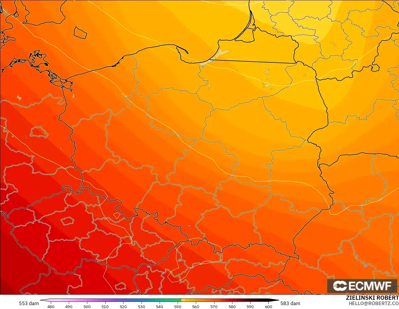 ECMWF IFS 0.25° modelo - Polonia, Altura geopotencial a 500 hPa