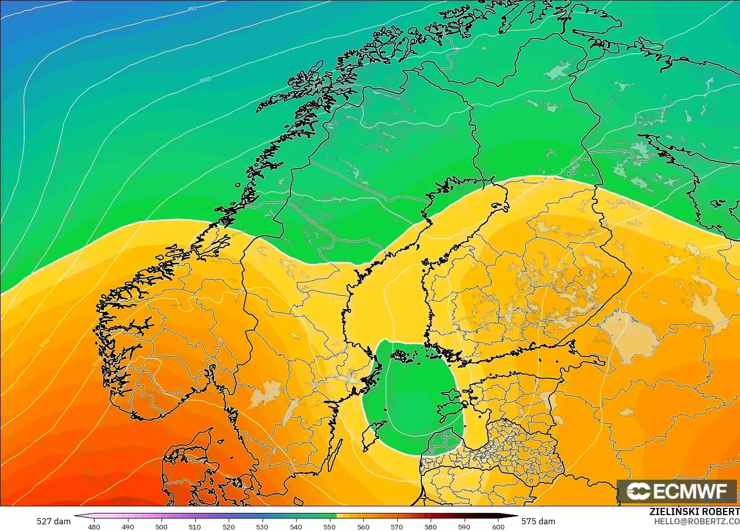 ECMWF IFS 0.25° modelo - Escandinavia, Altura geopotencial a 500 hPa