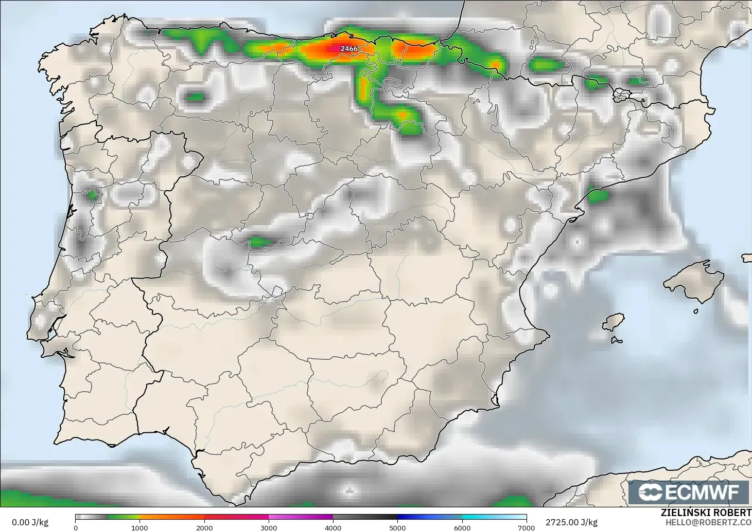 ECMWF IFS 0.25° modelo - España, CAPE