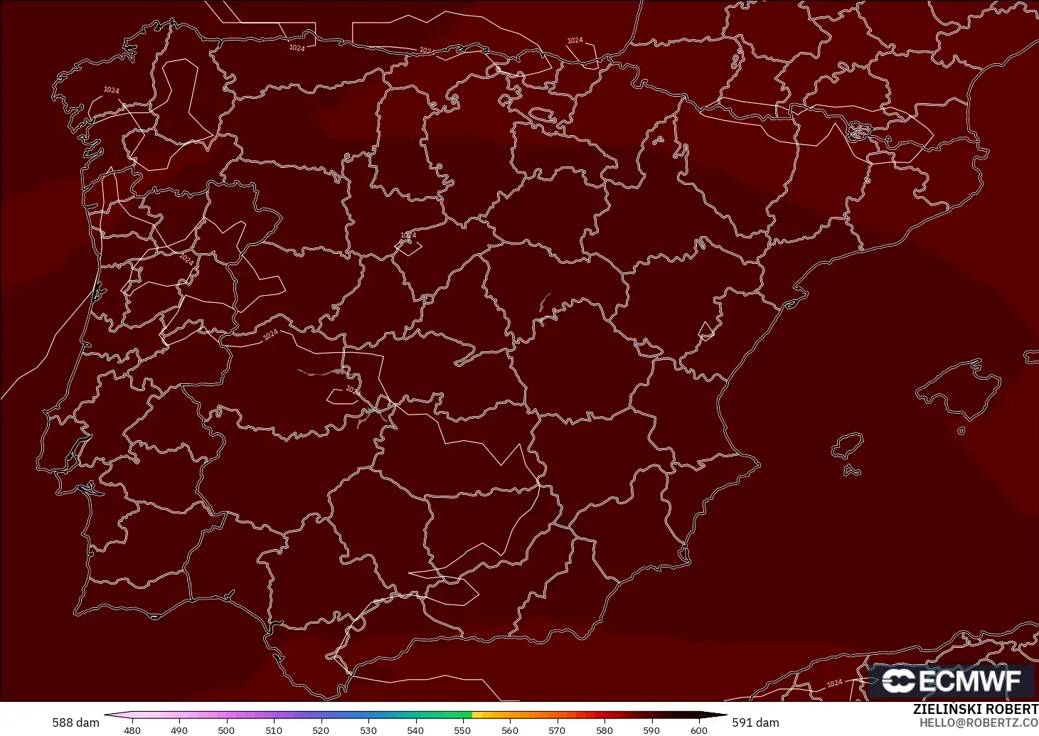 ECMWF IFS 0.25° modelo - España, Altura geopotencial a 500 hPa