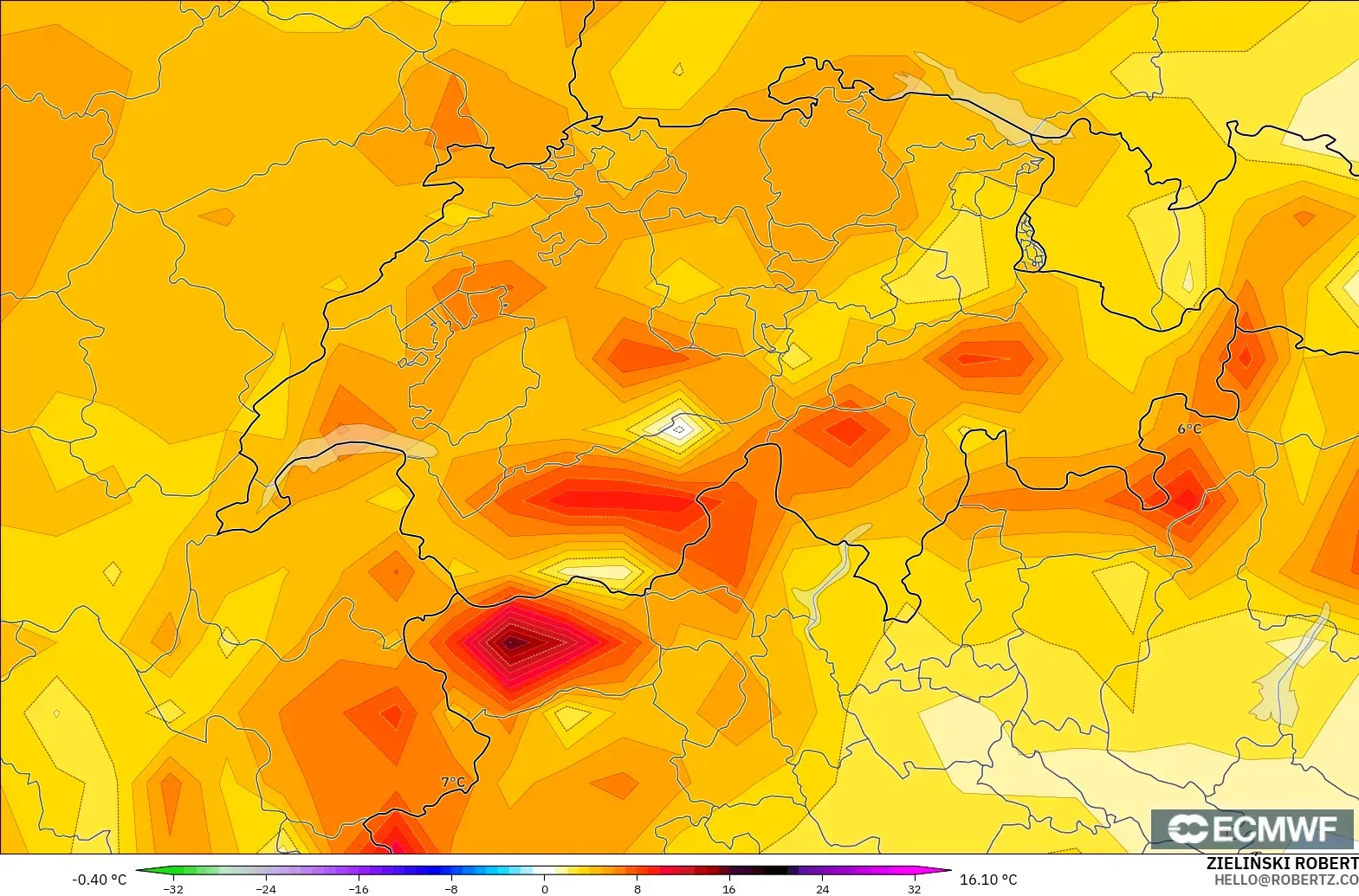 ECMWF IFS 0.25° modelo - Suiza, Anomalía de temperatura a 2 m