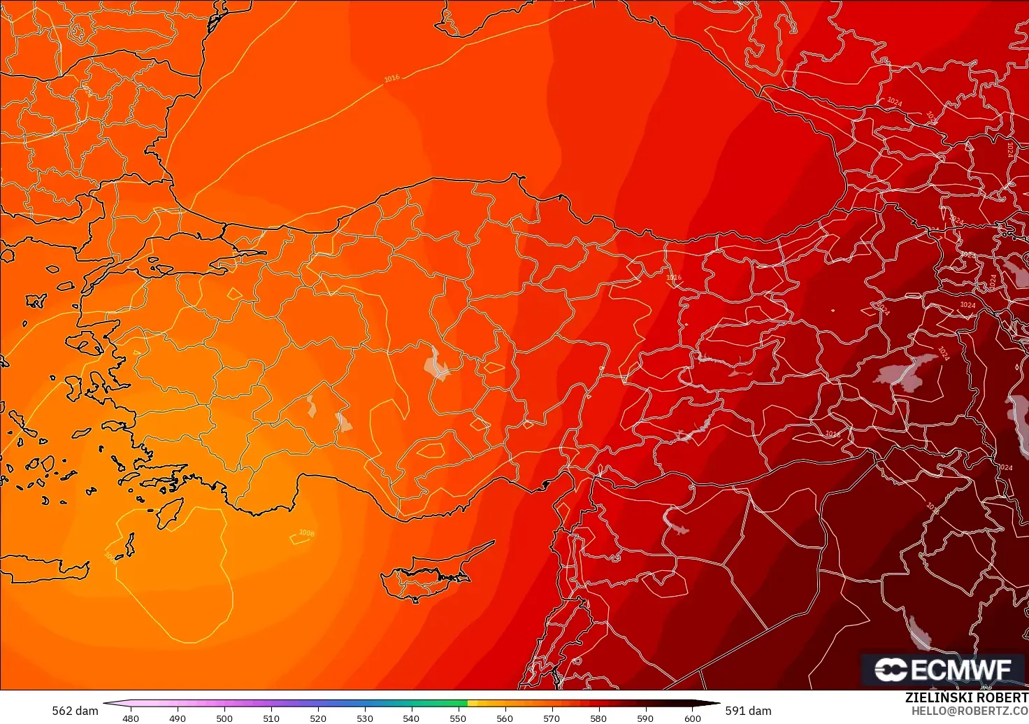 ECMWF IFS 0.25° modelo - Turquía, Altura geopotencial a 500 hPa