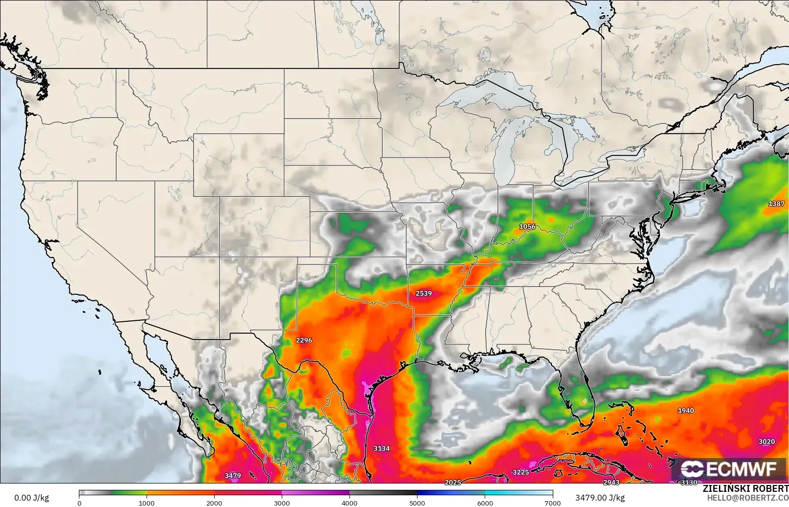 ECMWF IFS 0.25° modelo - Estados Unidos, CAPE