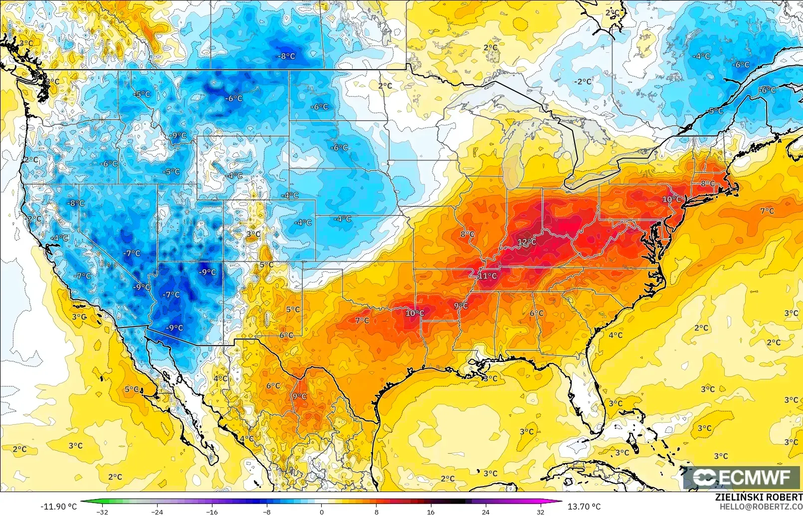 ECMWF IFS 0.25° modelo - Estados Unidos, Anomalía de temperatura a 2 m