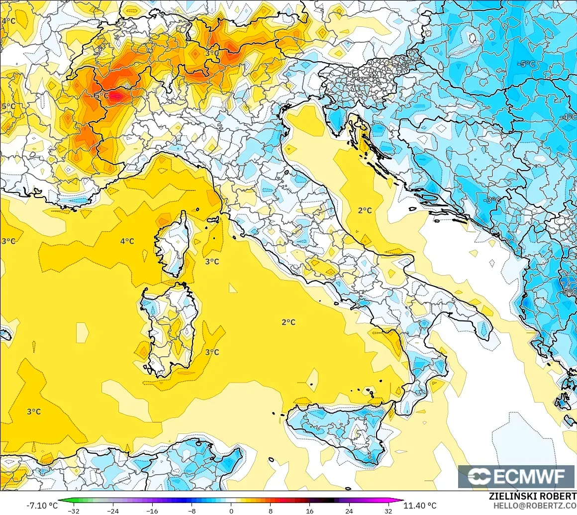 ECMWF IFS 0.25° modelo - Italia, Anomalía de temperatura a 2 m