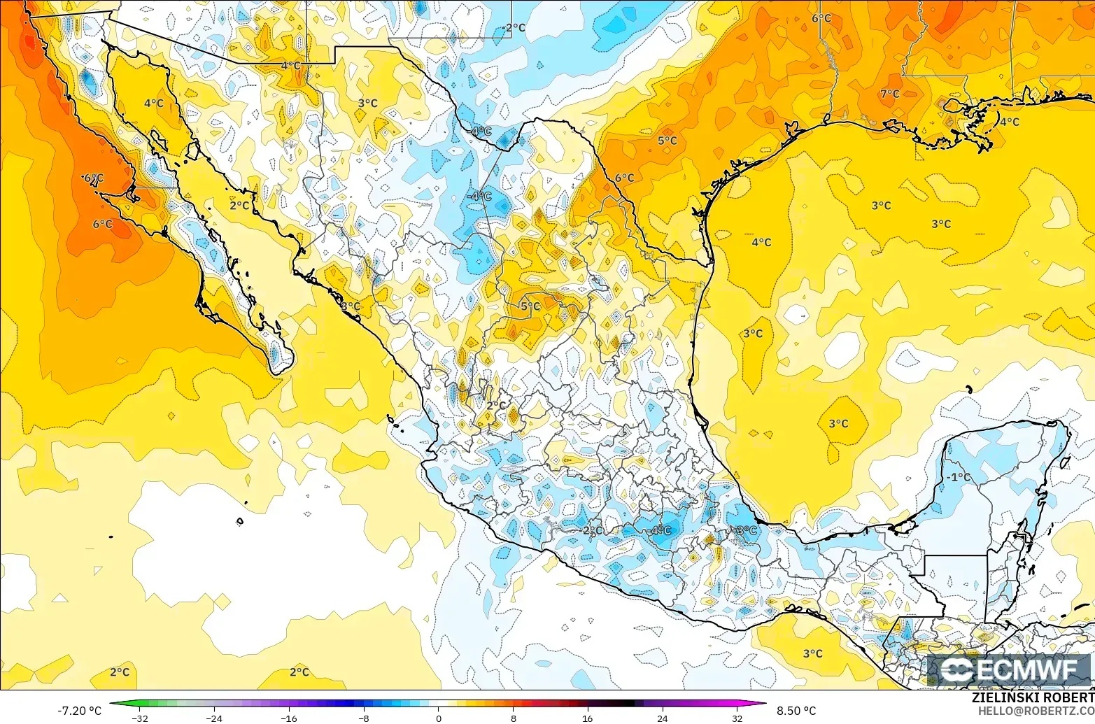 ECMWF IFS 0.25° modelo - México, Anomalía de temperatura a 2 m