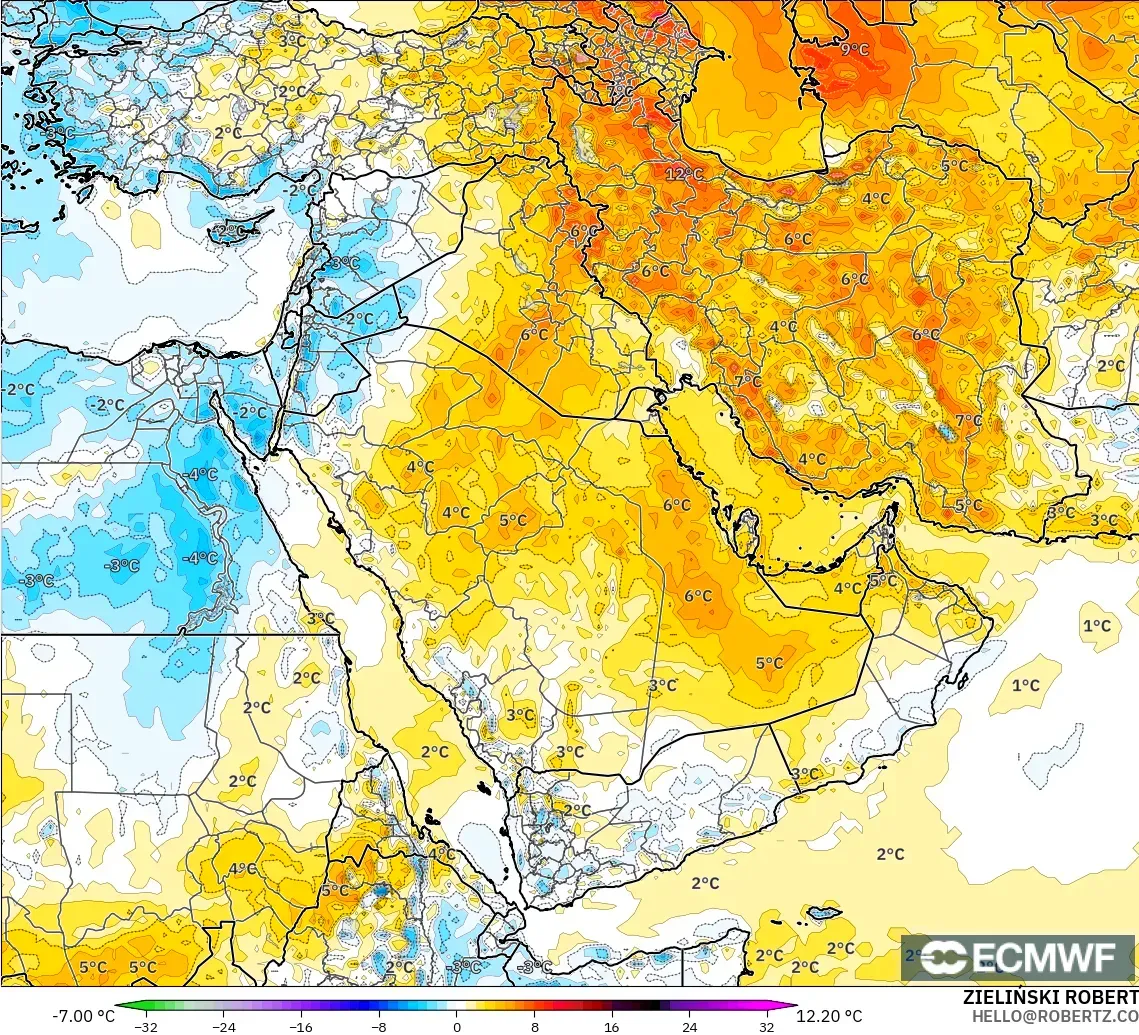 ECMWF IFS 0.25° modelo - Oriente Medio, Anomalía de temperatura a 2 m