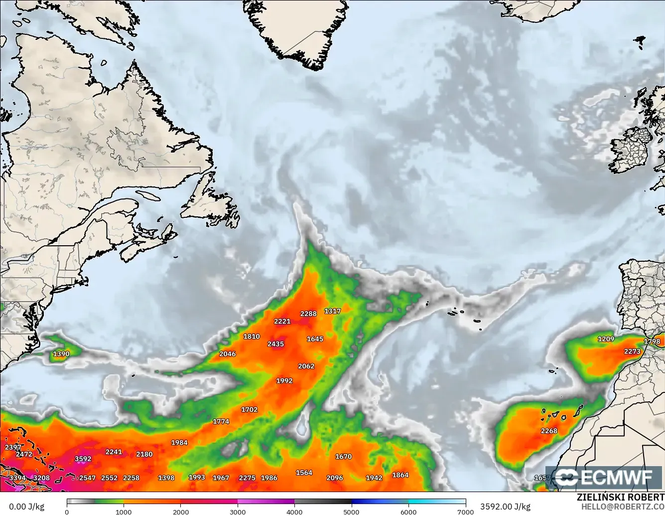 ECMWF IFS 0.25° modelo - Norte Atlántico, CAPE