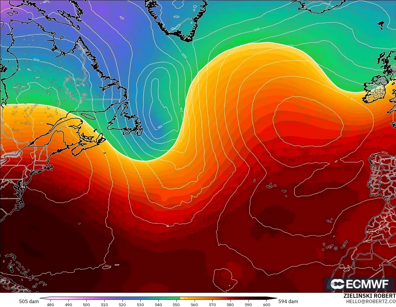 ECMWF IFS 0.25° modelo - Norte Atlántico, Altura geopotencial a 500 hPa