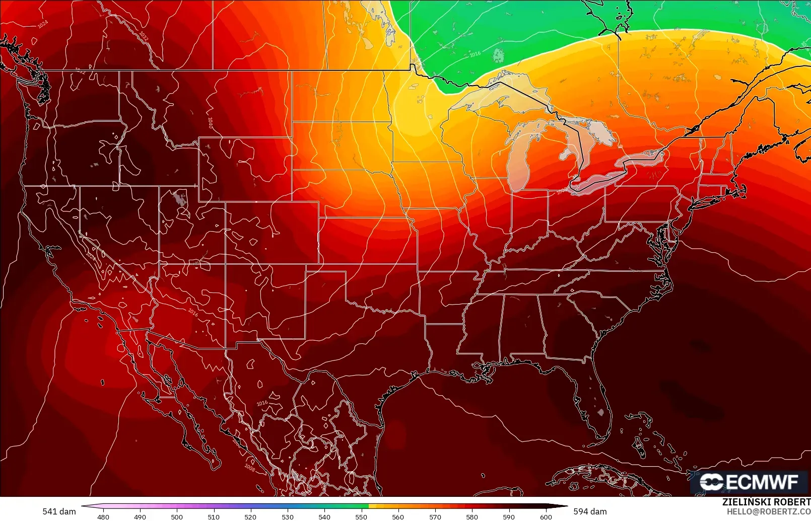 ECMWF IFS 0.25° modelo - Estados Unidos, Altura geopotencial a 500 hPa