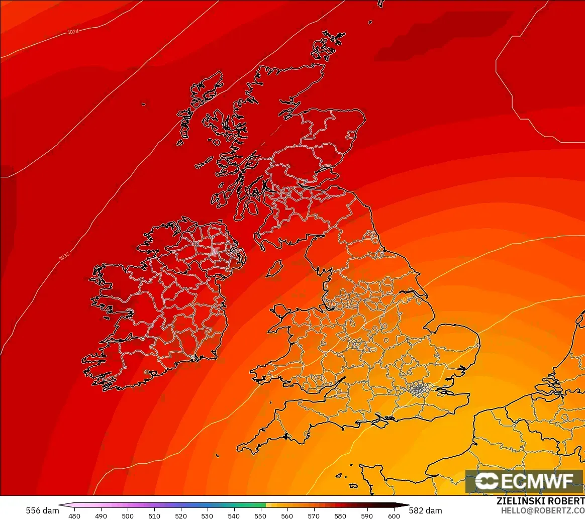 ECMWF IFS 0.25° modelo - Reino Unido, Altura geopotencial a 500 hPa