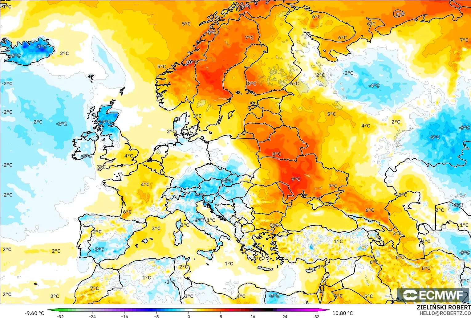 ECMWF IFS 0.25° modelo - Europa, Anomalía de temperatura a 2 m