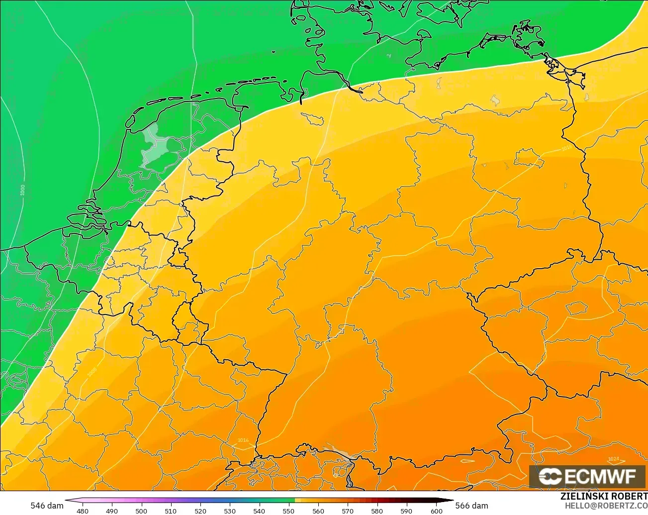 ECMWF IFS 0.25° modelo - Alemania, Altura geopotencial a 500 hPa