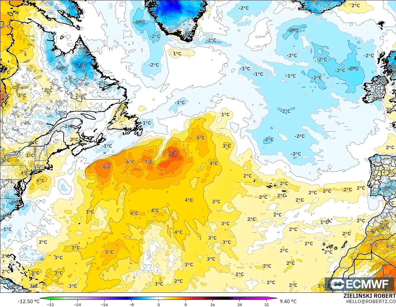 ECMWF IFS 0.25° modelo - Norte Atlántico, Anomalía de temperatura a 2 m