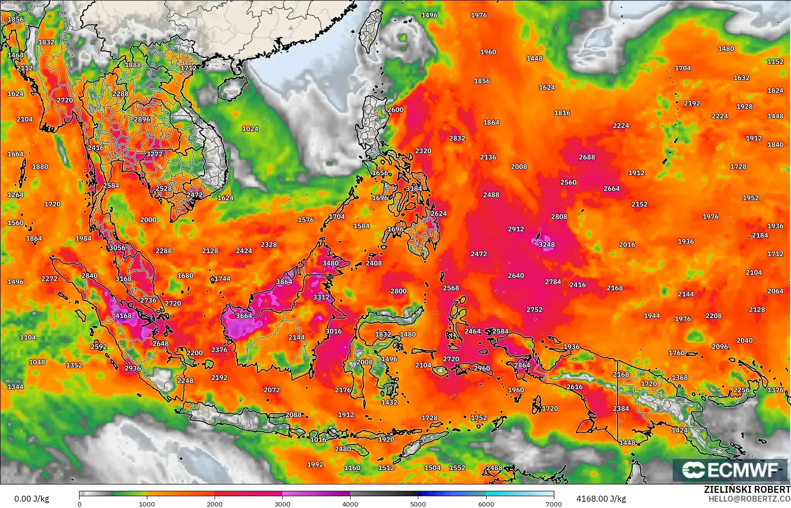 ECMWF IFS 0.25° modelo - Sudeste Asiático, CAPE