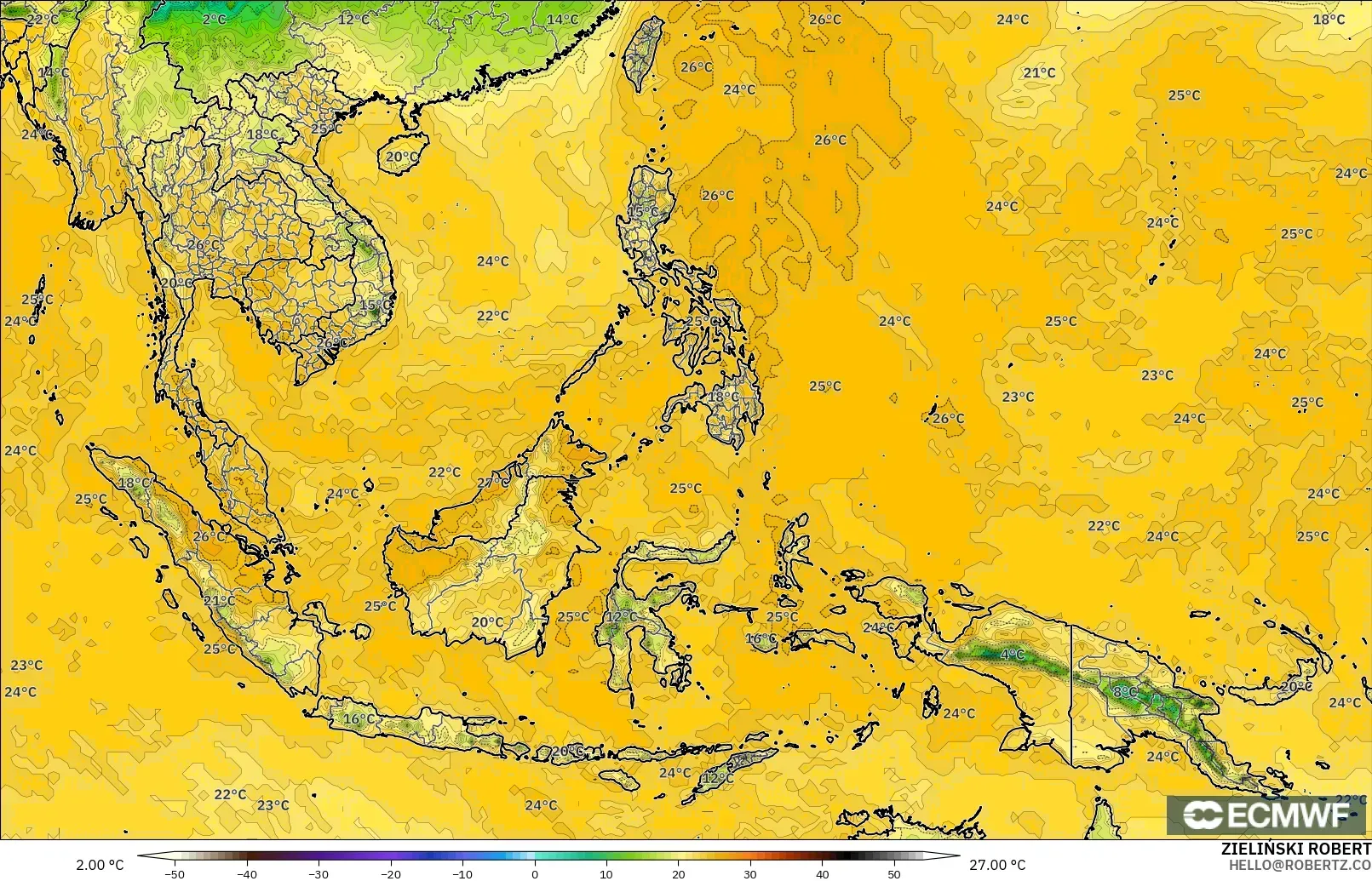 ECMWF IFS 0.25° modelo - Sudeste Asiático, Punto de rocío a 2 m