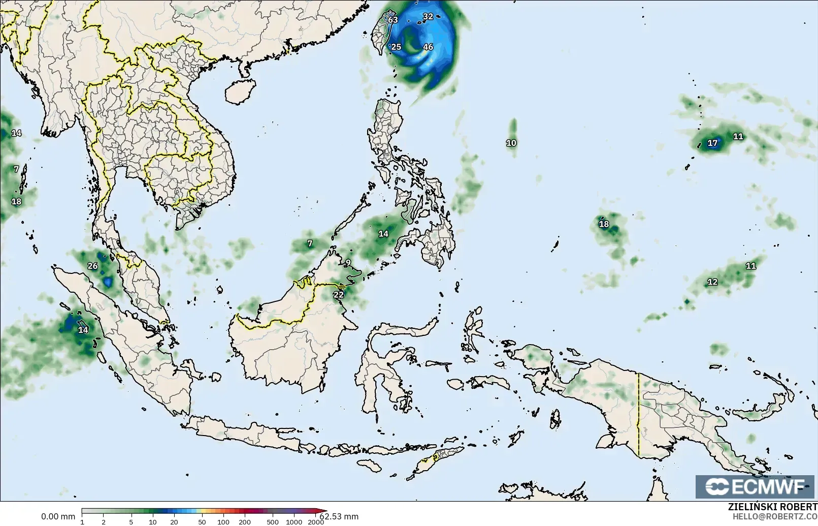 ECMWF IFS 0.25° modelo - Sudeste Asiático, Acumulación de precipitación