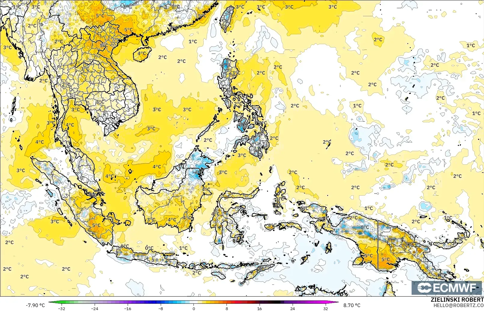 ECMWF IFS 0.25° modelo - Sudeste Asiático, Anomalía de temperatura a 2 m