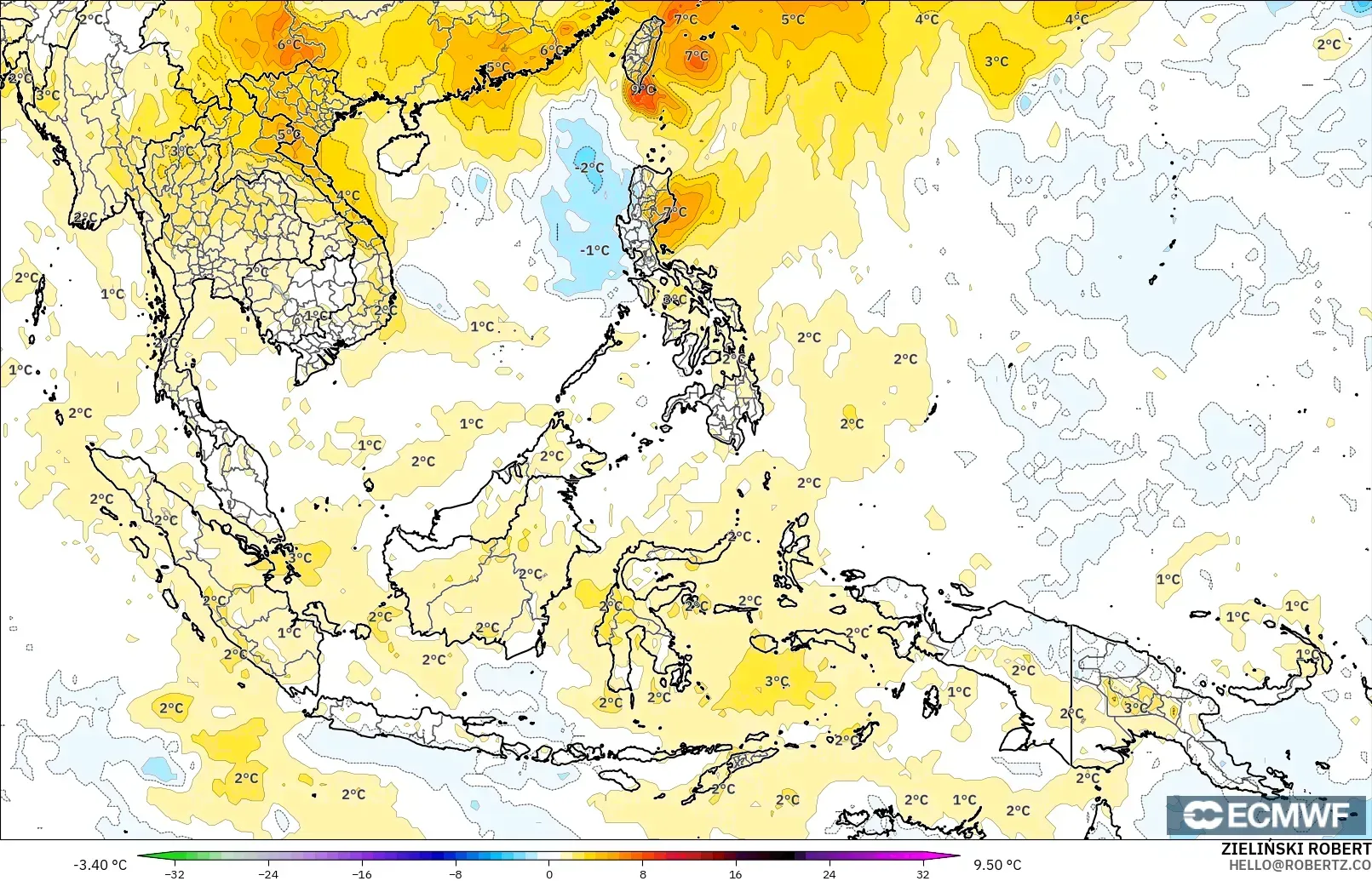 ECMWF IFS 0.25° modelo - Sudeste Asiático, Anomalía de temperatura a 850 hPa